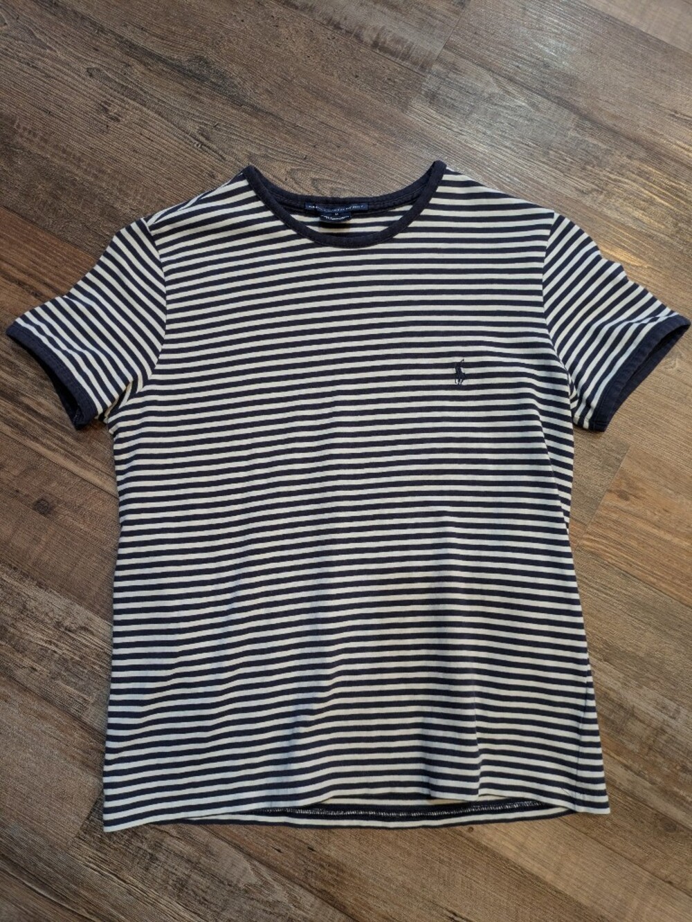 Vintage Women's Ralph Lauren Sport Navy and White Striped Stretch Baby Tee Sz M